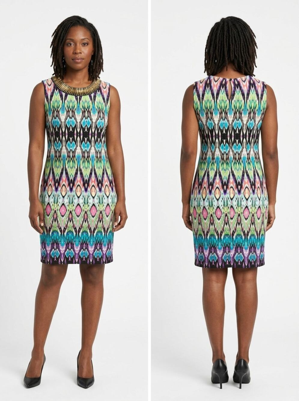 Cato Camryn Multicolor Geometric Beaded Neck Sheath Dress Women Size 10